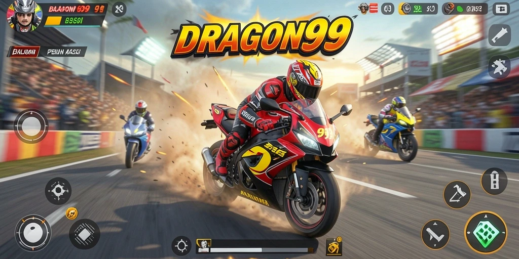 Tampilan utama gameplay DRAGON99 yang penuh aksi balapan motor.