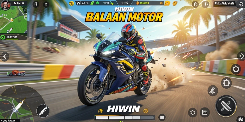 Screenshot gameplay HIWIN menunjukkan balapan motor yang mendebarkan.