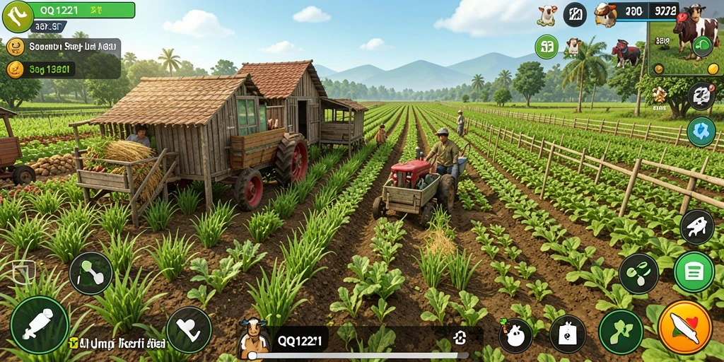 Screen utama QQ1221 menampilkan kebun yang hijau dan subur.